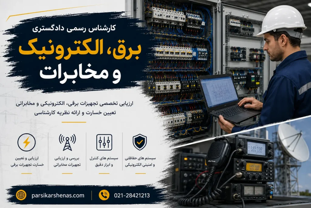 کارشناس رسمی دادگستری برق و الکترونیک مخابرات در حال بررسی تابلو برق صنعتی و ارزیابی تجهیزات الکتریکی با استفاده از لپ‌تاپ تخصصی